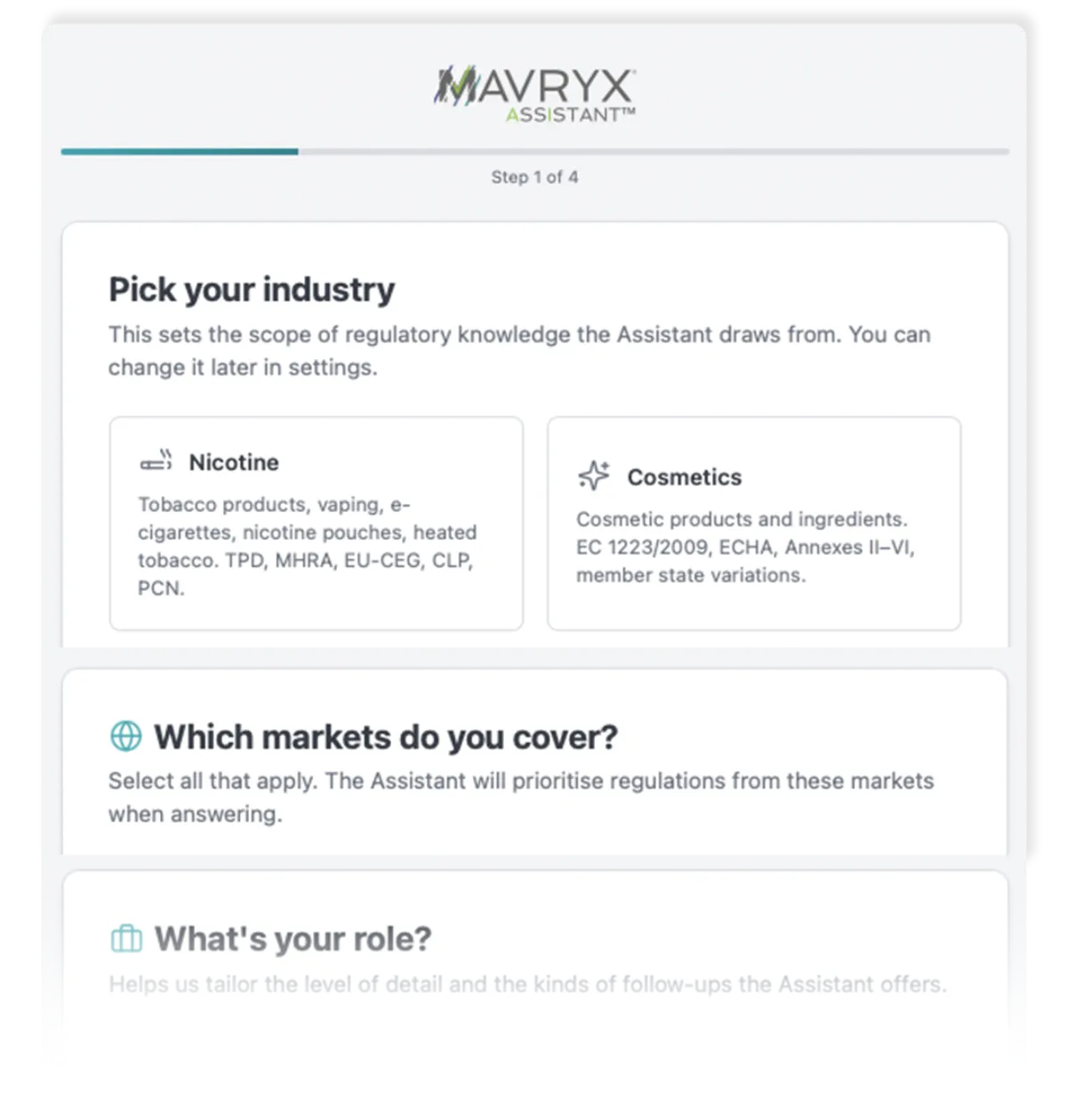 MAVRYX onboarding screen, step one of four